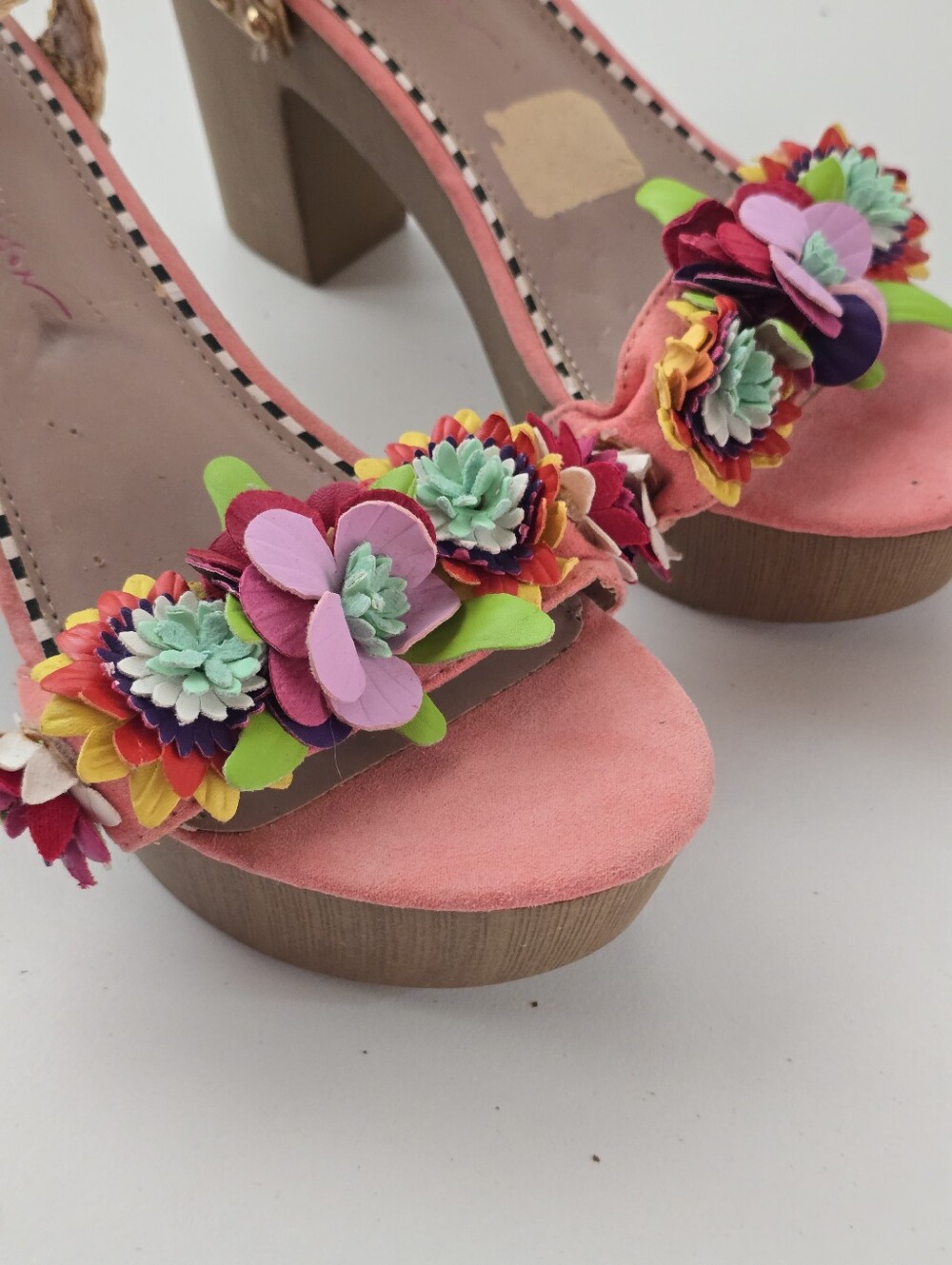 Betsey Johnson Coral Platform Sandals with Multicolor Floral Appliqués - Picture 6 of 16